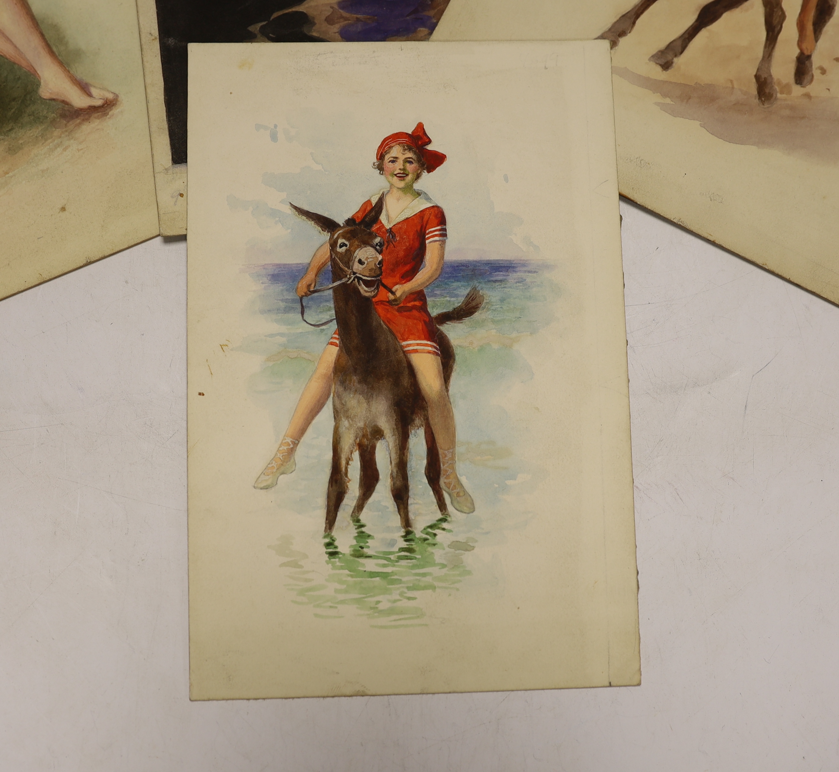 Charles Thomas Howard (1865-1942) four original watercolours on card for postcard designs, Bathing girls, two signed, 27 x 17cm